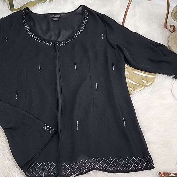 Vintage 90's Dressy Shear Black Beaded Wrap with Three Quarter Sleeves - Picture 2 of 9